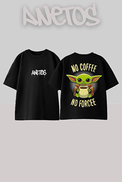 Anetos No Coffe No Forcee Design Back Printed Cotton Black Oversize T-Shirt