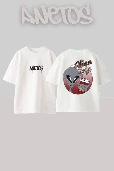 Anetos Alien Cafe Design Spate cu imprimeu Bumbac Alb supradimensionat tricou