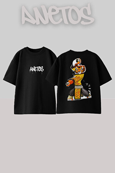 Anetos تي شيرت قطني أسود كبير الحجم مطبوع عليه تصميم ساموراي تايجر