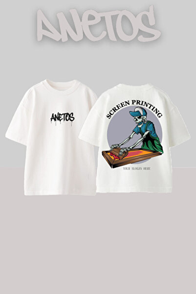 Anetos Screen Prıntıng Design Spate cu imprimeu Bumbac Alb supradimensionat t...