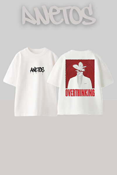 Anetos Μπλούζα Oversize με τύπωμα Overthinking Design στο πίσω μέρος, 100% βαμβακερή, λευκή.