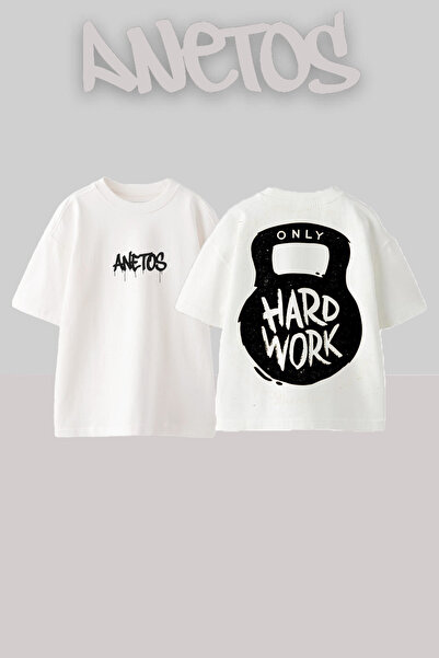 Anetos Μπλουζάκι Hard Work Design Back με τύπωμα Cotton White oversized