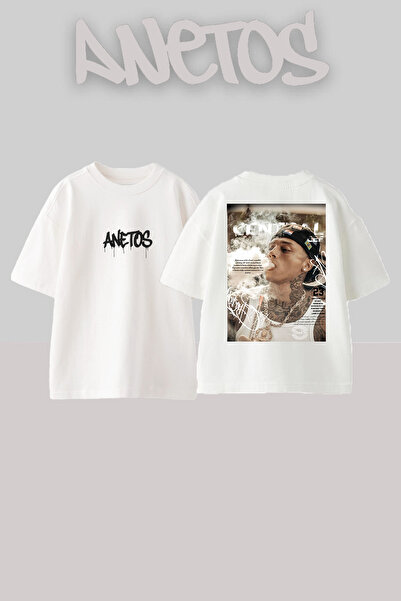 Anetos Central Cee 7 Design Spate cu imprimeu Bumbac Alb supradimensionat tricou