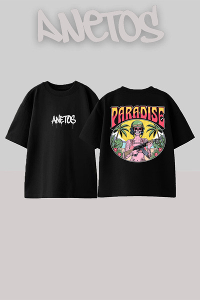 Anetos Paradıse Design Spate cu imprimeu Bumbac Negru supradimensionat tricou