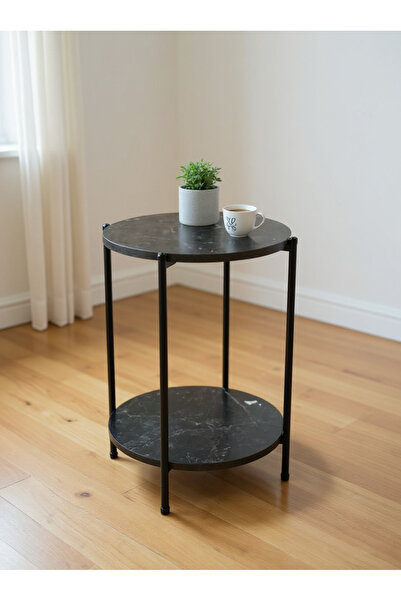 Living طاولة جانبية خشبية مستديرة سوداء ذات طبقتين مع أرجل معدنية ثلاثية