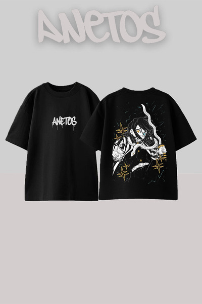 Anetos Demon Slayer 26 Design Spate cu imprimeu Bumbac Negru supradimensionat...