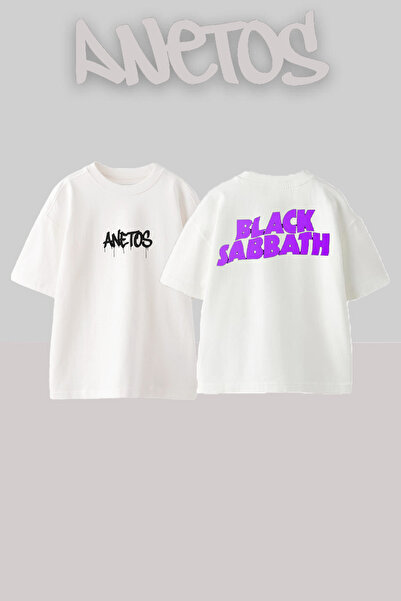 Anetos Tricou alb supradimensionat din bumbac cu imprimeu pe spate Black Sabb...