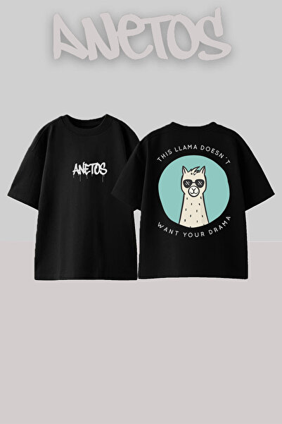 Anetos Lama 1 Design Spate cu imprimeu Bumbac Negru supradimensionat tricou