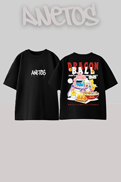 Anetos Dragon Ball Design Spate cu imprimeu Bumbac Negru supradimensionat tricou