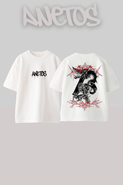 Anetos Berserk 11 Design Back cu imprimeu Bumbac Alb supradimensionat tricou