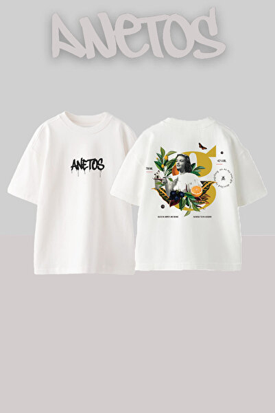 Anetos Natural Women Design Spate cu imprimeu Bumbac Alb supradimensionat tricou