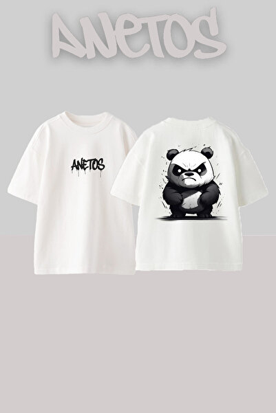 Anetos Μπλουζάκι Panda Angry Design με τύπωμα Cotton White oversized