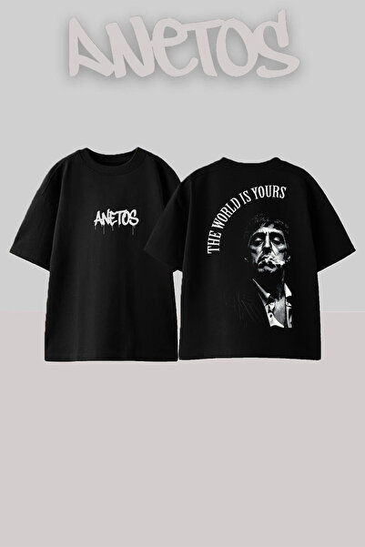 Anetos Scarface 9 Design Back cu imprimeu Bumbac Negru supradimensionat tricou