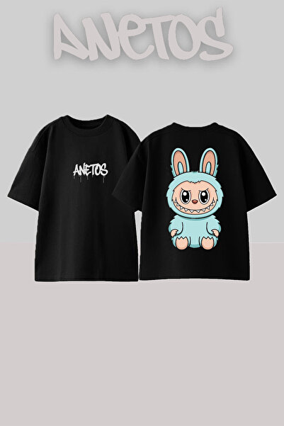 Anetos Labubu Blue Design Backpack Štampano Pamuk Black Oversize kroj T-shirt