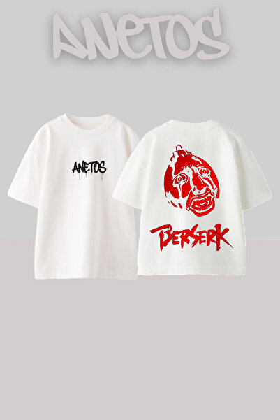 Anetos Berserk 8 Design Back cu imprimeu Bumbac Alb supradimensionat tricou