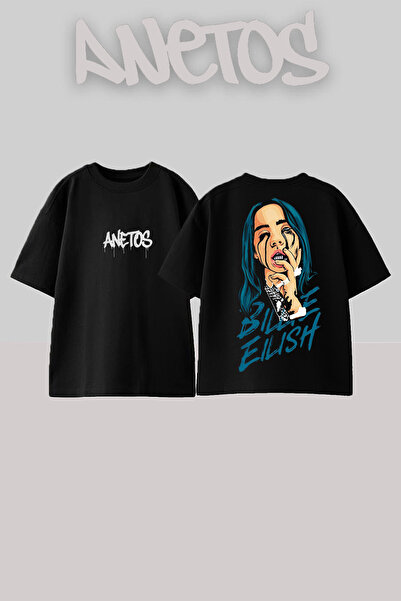 Anetos تي شيرت بيلي إيليش 4 ذو تصميم مطبوع على الظهر من القطن باللون الأسود م...