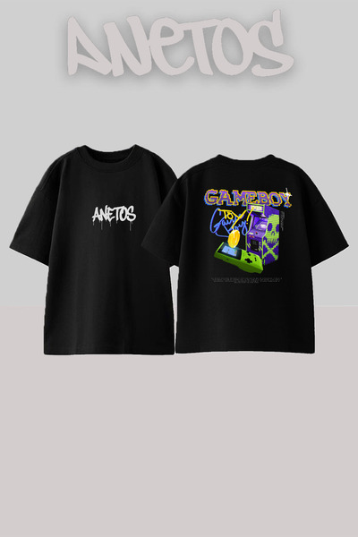 Anetos Game Bot Design Spate cu imprimeu Bumbac Negru supradimensionat tricou