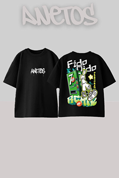 Anetos Fido Dido Design Rucsac cu imprimeu Bumbac Negru supradimensionat tricou