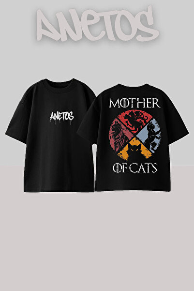 Anetos Μαύρη Oversize Τ-shirt Mother Ofcats Σχεδίαση με Πίσω Τύπωμα από Βαμβάκι