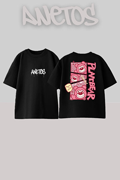 Anetos Plat Bear Design Rucsac cu imprimeu Bumbac Negru supradimensionat tricou