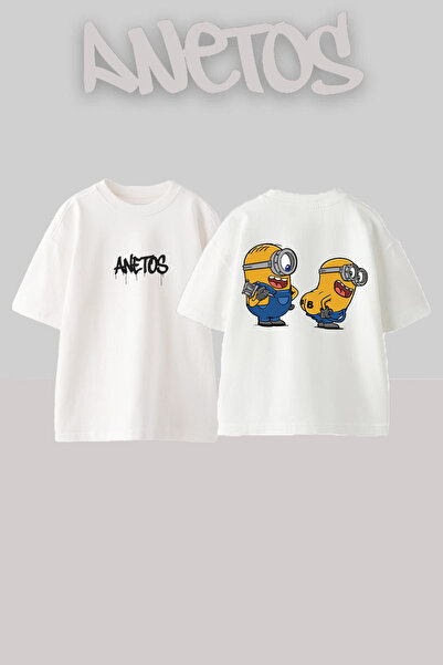 Anetos Миньони Дизайн Отзад Отпечатан Памук Бял Овърсайз Тениска