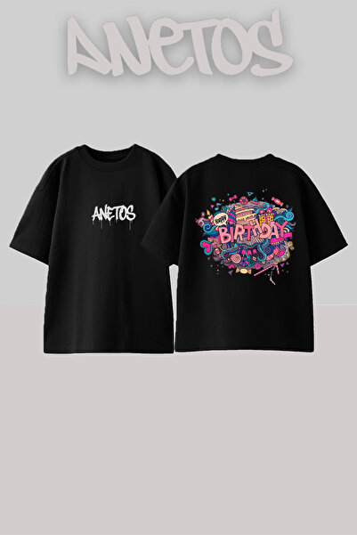 Anetos Μπλουζάκι με σχέδιο γενεθλίων με τύπωμα βαμβακερό μαύρο oversized
