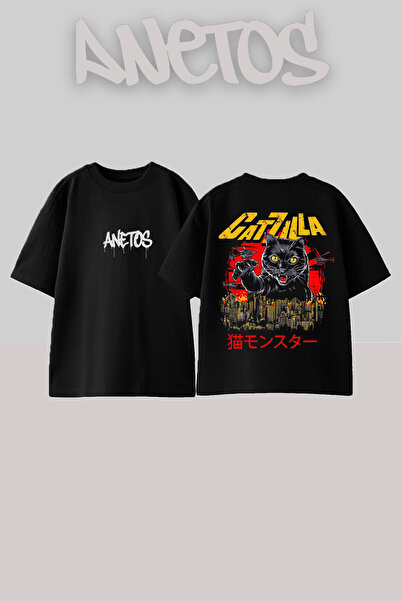 Anetos Μπλουζάκι Catzilla 2 Σχεδίαση με τύπωμα στην πλάτη Μαύρο Oversize Cotton