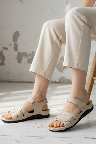 Ekonomik Ayakkabı Women's Beige Leather Orthopedic Sandals – Mother's Summer ...