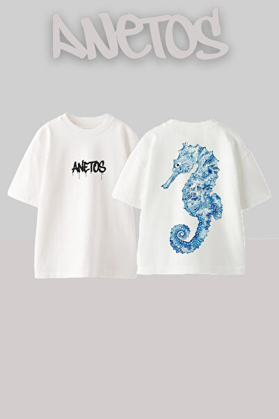 Anetos Тениска с голям размер от памук, с печат на гърба с дизайн на морско к...