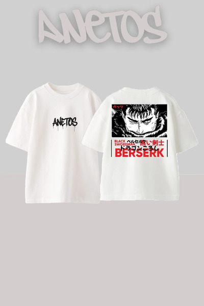 Anetos Berserk Black Swordman 1 Design Back Printed Cotton White Oversize T-S...