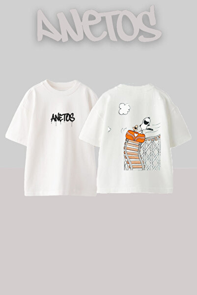 Anetos Fast Trendekı Rucsac cu design Pisici cu imprimeu Bumbac Alb supradimensionat tricou