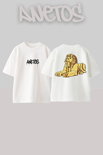 Anetos Firavun Design Spate cu imprimeu Bumbac Alb supradimensionat tricou