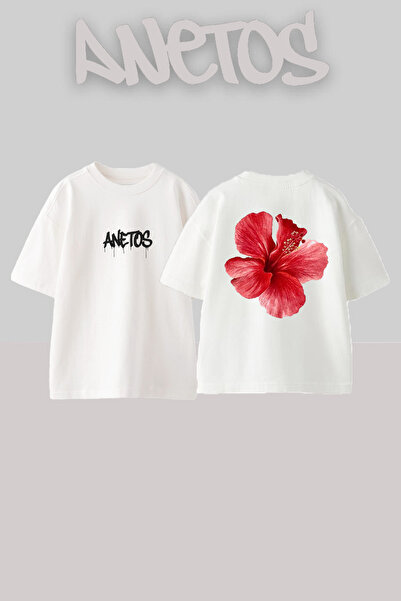 Anetos Hibiscus Flower Design Spate cu imprimeu Bumbac Alb supradimensionat t...