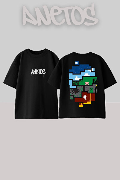 Anetos Mınecarft World Design Rucsac cu imprimeu Bumbac Negru supradimensiona...