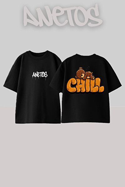 Anetos Grıl Bear Design Rucsac cu imprimeu Bumbac Negru supradimensionat tricou