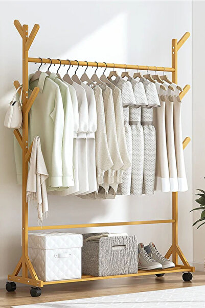 Woodymoda Masif Ahşap - Ayaklı Tekerlekli Elbise Askısı Modüler Dizayn