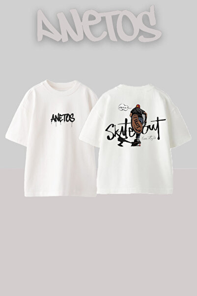 Anetos Skateout Design Spate cu imprimeu Bumbac Alb supradimensionat tricou