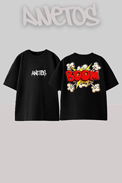 Anetos Μπλουζάκι Boooom Design Back με τύπωμα Cotton Black oversized