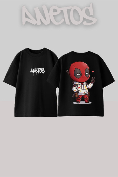 Anetos Deadpool Lover Tasarım Sırt Baskılı Pamuk Siyah Oversize T-shirt