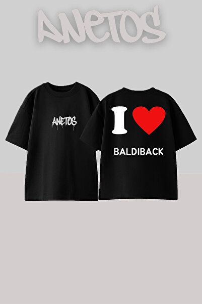 Anetos I Love Baldiback Tasarım Sırt Baskılı Pamuk Siyah Oversize T-shirt