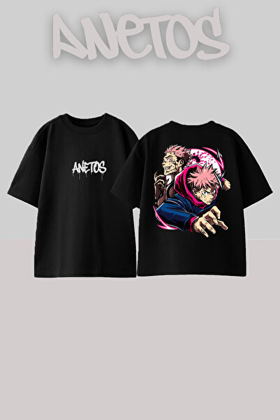 Anetos Μπλουζάκι Sukuna Design Back με τύπωμα Cotton Black oversized