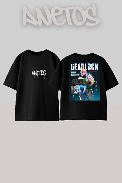 Anetos Deadlock Design Spate cu imprimeu Bumbac Negru supradimensionat tricou