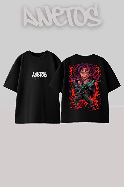 Anetos Demon Slayer 7 Design Spate cu imprimeu Bumbac Negru supradimensionat ...