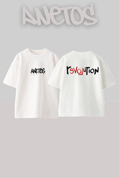 Anetos Revolution Design Spate cu imprimeu Bumbac Alb supradimensionat tricou