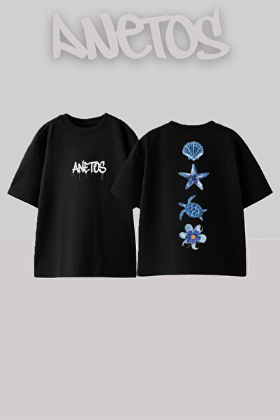 Anetos Μπλουζάκι με τύπωμα Σχέδιο από Θαλάσσιες Ροφούς Μαύρο Cotton Oversized