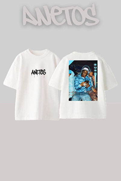 Anetos تي شيرت أبيض كبير الحجم من القطن مطبوع عليه تصميم Russ 1