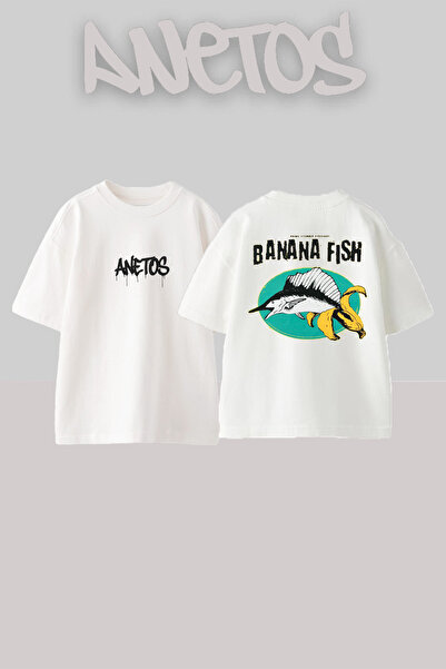 Anetos Banana Fish 9 Design Back cu imprimeu Bumbac Alb supradimensionat tricou