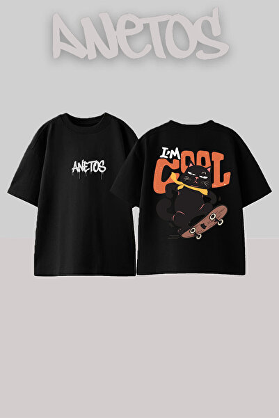 Anetos Μαύρη Μπλούζα Oversized Ρεγκλάν με τύπωμα Black Cat Design