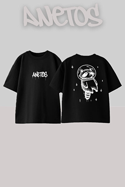 Anetos Μπλούζα Astranot Ρακούνα Σχέδιο με τύπωμα Παρμπρίζ Μάυρο Oversize T-shirt