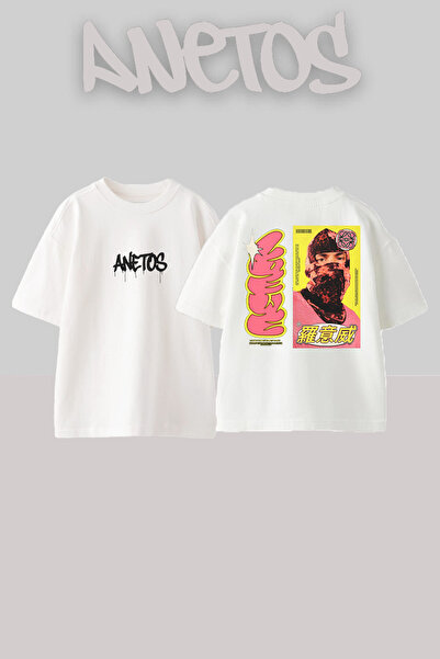 Anetos Chinese Gang Design Rucsac cu imprimeu Bumbac Alb supradimensionat tricou